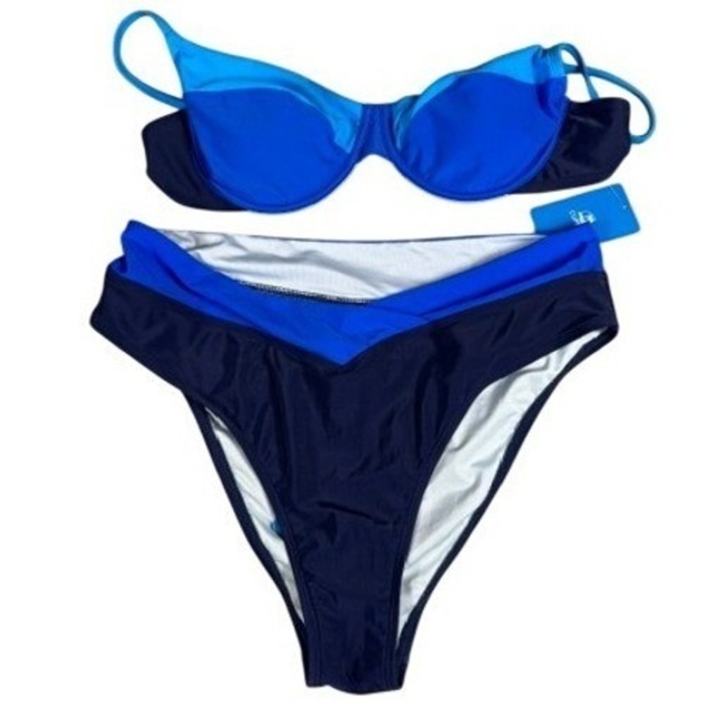 Cupshe Bikini Set Womens XL Blue Colorblock Underwire High Waist Swimsuit NWT